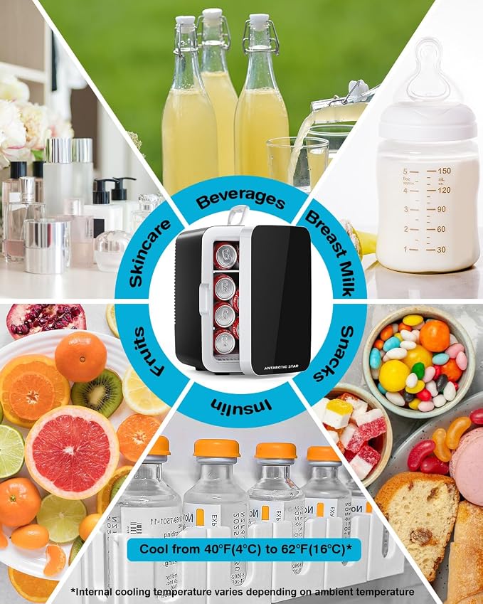 Antarctic Star Compact Mini Fridge, 10L Portable Small Refrigerator, 2.6 Gal Desktop Fridge with AC/DC Adapters, Small Cosmetics Cooler for Beverage, Food, Makeup, Bedroom, Office, Dorm, Black - Image 5