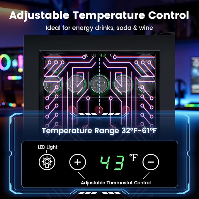 Electactic 3.2 Cu.Ft Gaming Beverage Refrigerator, LED Lighted Glass Door Compact Space-Saving, Adjustable Temperature Wine Cooler for Gaming Room - Image 3