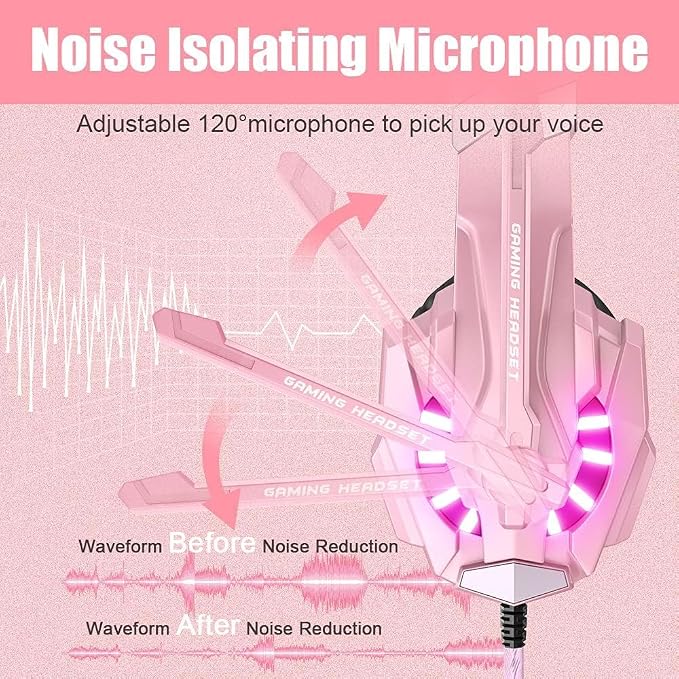 BENGOO G9000 Professional Gaming Headset for PS4, PC, Xbox One Controller, Noise Cancelling Over Ear Headphones with Mic, LED Light, Bass Surround, Soft Memory Earmuffs for Laptop - Pink - Image 3