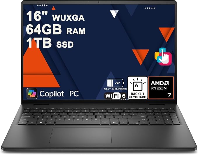 Dell 16 Laptop 16" WUXGA Touchscreen AMD 8-core Ryzen 7 250 64GB RAM 1TB SSD Backlit ExpressCharge Wi-Fi6 for Creator Designer Business Professional Work Win11 by Dell