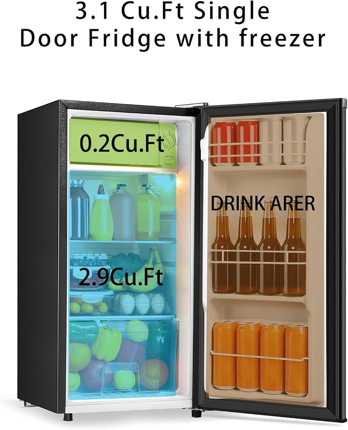 Seaoola Mini Fridge with Freezer, Single Door 3.1 Cu.Ft, Compact Mini Refrigerator, LED Light, Adjustable Thermostat, Removable Glass Shelves, Small Refrigerator for Dorm/Office/Bedroom(Black) (Black) - Image 3