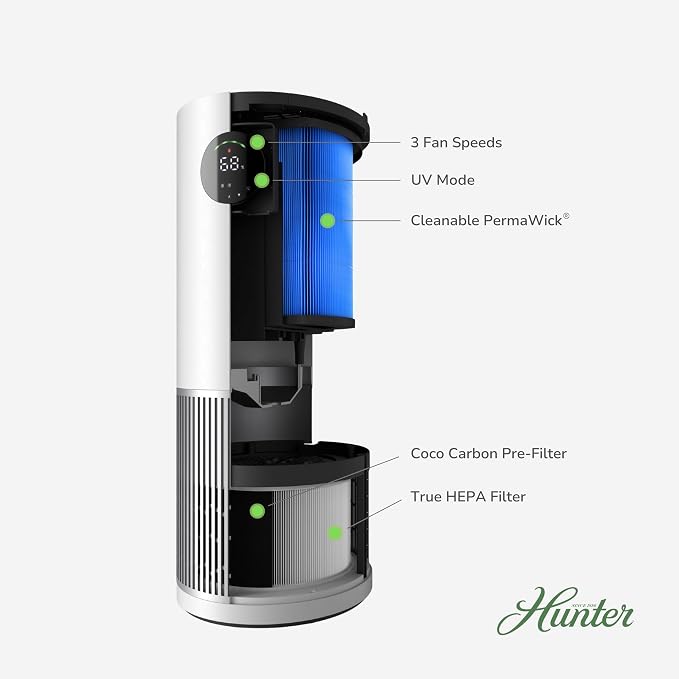 Hunter Fan Company Humidifier and Air Purifier In One, Advanced Filtration Air Purifiers for Home, Air Purifiers for Home Pets, Humidifiers for Bedroom and Humidifiers for Bedroom Baby, White/Silver - Image 3