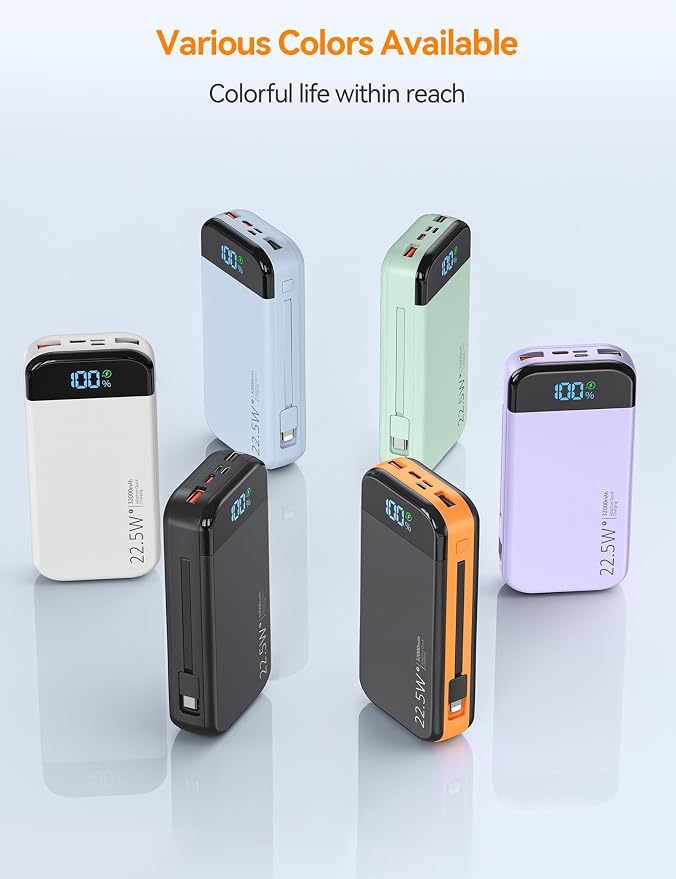 Portable Charger Power Bank Built-in Cables, 32000mAh 22.5W USB C Fast Charging, 5 Outputs 3 Inputs Travel Essentials Battery Pack Compatible with iPhone, iPad, Samsung, Google Pixel, Orange - Image 8