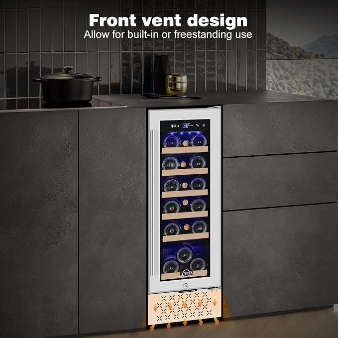 12" Wine Cooler Refrigerator, 18 Bottles Wine Fridge Built-in or Freestanding with Stainless Steel & Double-Layer Tempered Glass Door, Compressor Fast Cooling, Low Noise and No Fog, Mini Fridge - Image 5