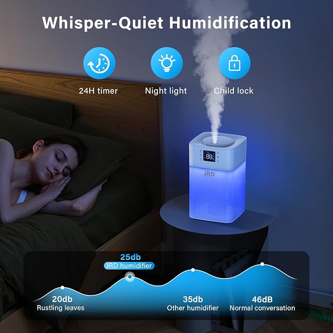 JRD 4L Humidifiers for Bedroom, Cool Mist Humidifier for Large Room, 40H Runtime, 360° Nozzle, Night Light for Home, Office, Baby Nursery, Plants（White） - Image 4