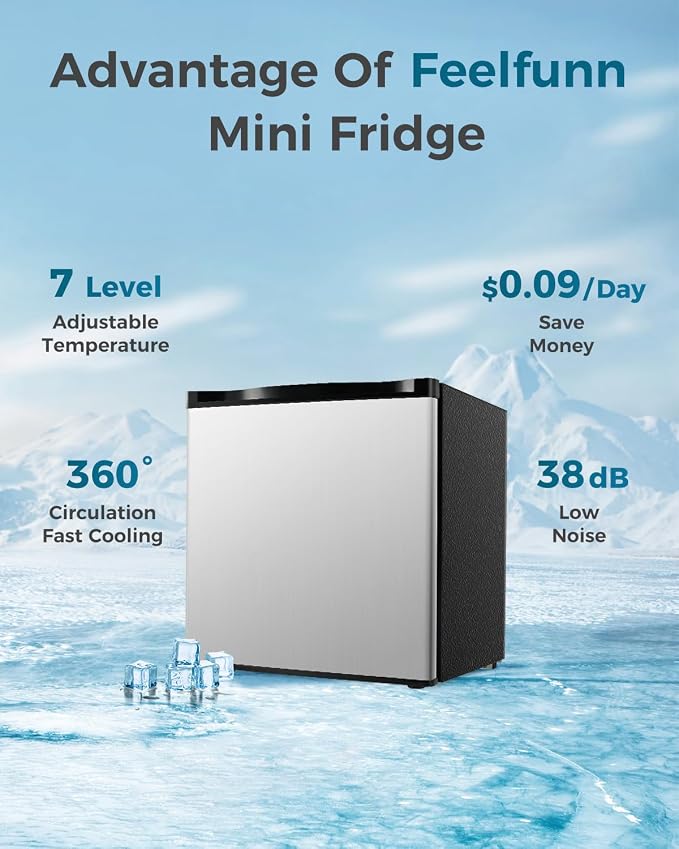 Feelfunn Mini Fridge with Freezer - 1.7 Cu.Ft Single Door Mini Refrigerator with Adjustable Thermostat, Energy Saving, Low Noise, Small Fridge for Bedroom, Office, Dorm, Apartment, Classroom - Silver - Image 6