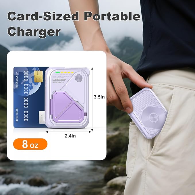SEANCHEER P05 Portable Charger, Magnetic Power Bank, Small PowerBank, Battery Pack10000mAh Travel Essentials Fast Charging with Built in Cable, Foldable Wall Plug for iPhone,Samsung,Andriod (Purple) - Image 7