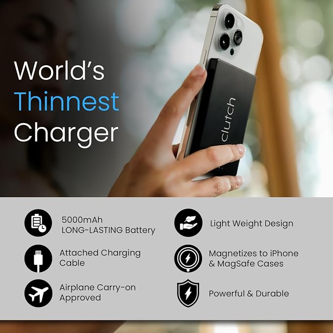 Clutch Pro – World's Thinnest iPhone Charger – Portable Power Bank 5000mAh – Magnetic Built-in Lightning Cable – TSA Approved Travel Charger – iPhone 14 & Earlier – Black - Image 6