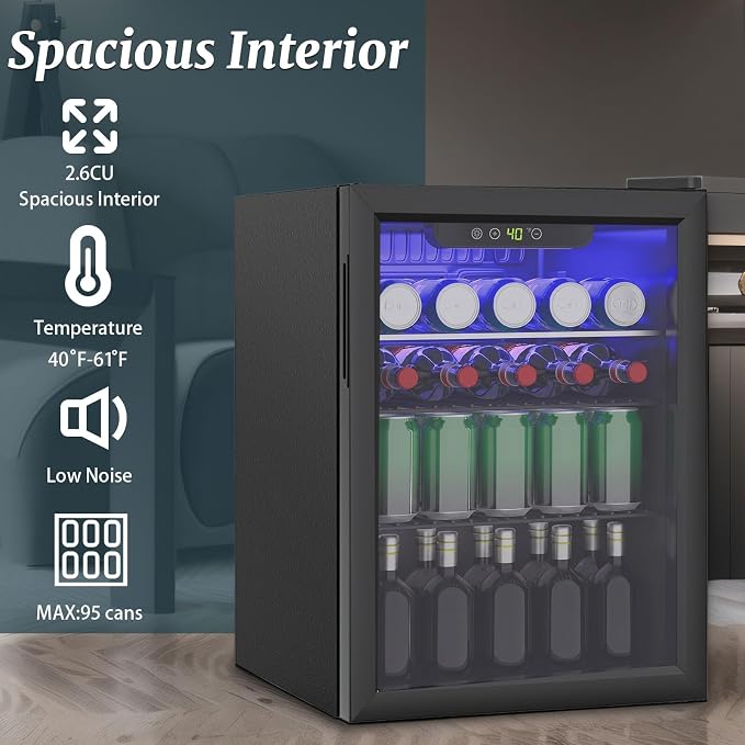 95 Can Mini Fridge, 2.6 Cu.Ft Beverage Refrigerator Glass Door | Drink Cooler for Soda Wine Beer, Adjustable Temp Small Fridge for Home Office Bar, Reversible Door, Black (40-61℉) - Image 5