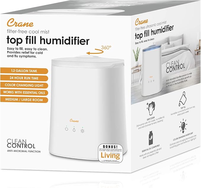 Crane Top Fill Ultrasonic Cool Mist Humidifier for Bedroom and Large Rooms, 1.2 Gallon Essential Oil Diffuser with Nightlight and Auto Shut-Off - Image 9