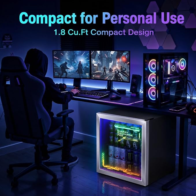 Tehanld Lighted Beverage Refrigerator, 68-Can Gaming Mini Fridge | RGB illuminated glass door, 1.8 cu.ft, 35-65°F digital control, quiet drink cooler for bedroom, game room, home bar - Image 4