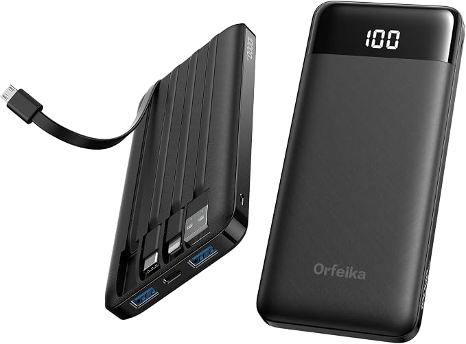Orfeika Portable Phone Charger, 10000mAh Portable Charger Power Bank with Built-in Cables, Travel Essential Battery Pack Compatible with iPhone, Samsung, Google, iPads, Tablets, etc by Orfeika