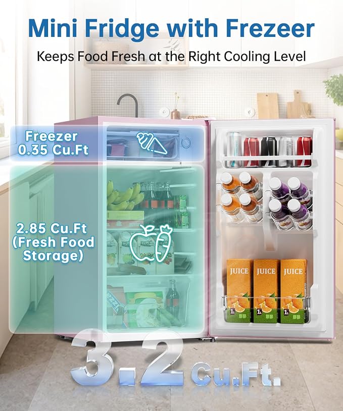 3.2 Cu Ft Mini Fridge with Freezer, Single Door Upright Freezer | Energy Efficient, Large Capacity, Reversible Door, ETL Certified, Small Refrigerator for Bedroom, Office & Dorm, Pink - Image 3