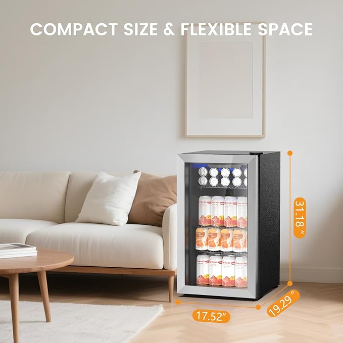 Electactic 130 Can Beverage Refrigerator Built In Freestanding Wine Fridge with Stainless Steel Reversible Glass Door, Quiet Compressor LED Touch Control for Home Kitchen Bar, 3.2 Cu.ft Silver - Image 2