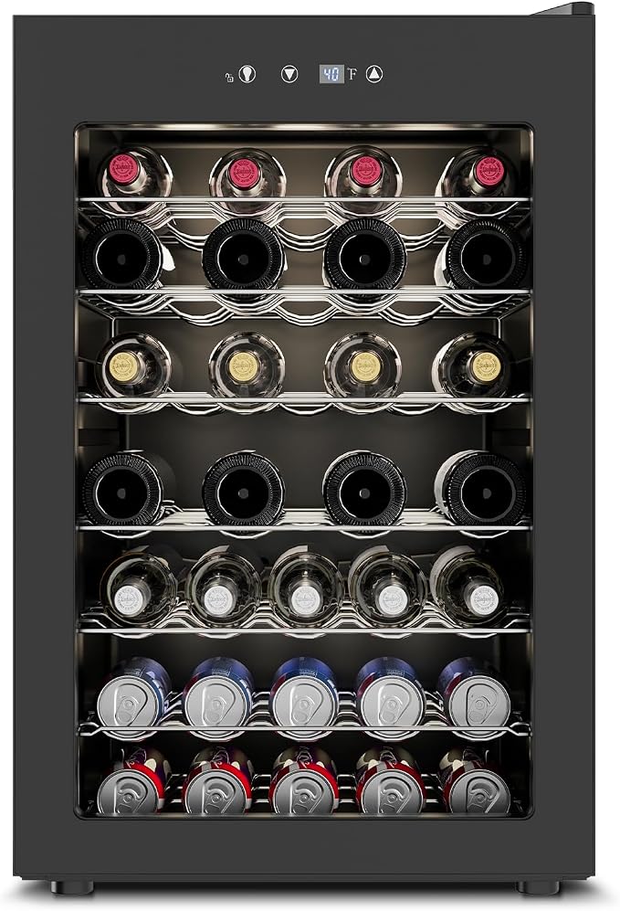 Feelfunn 45 Bottle Wine Cooler, 4.5CuFt Mini Fridge with Glass Door, Black | 34-64°F, <36dB, UV-protective glass door, stable temp, 4 adjustable shelves. For wine, beer, soda in Bedroom Office Home Bar by Feelfunn