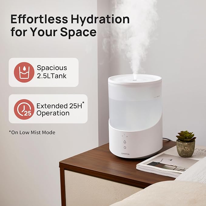 Clarston Humidifiers for Bedroom, 2.5L Cool Mist Humidifier with Essential Oils Diffuser and Nightlight, Top Fill Humidifiers for Home Large Room, Timer, Auto Shut-off, 25H Runtime - Image 3