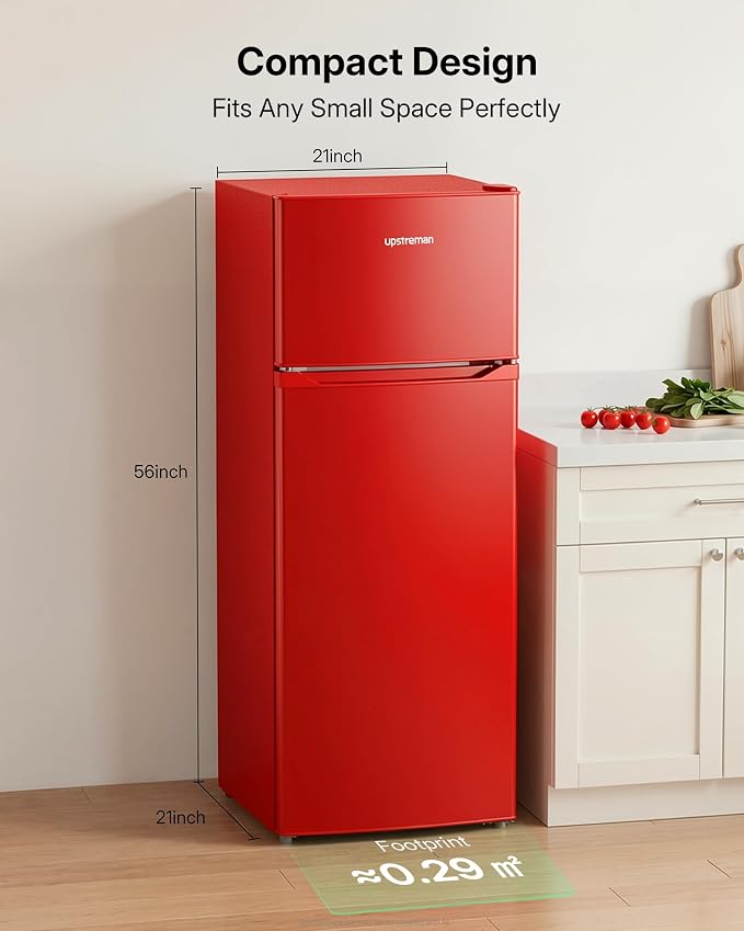 Upstreman 7.7 Cu Ft Refrigerator with Freezer Double Door Fridge | 7 Adjustable Thermostat , Reversible Door, Large Capacity Refrigerator for Apartment, Dorm, Office, Kitchen, Red (BD-75) - Image 2
