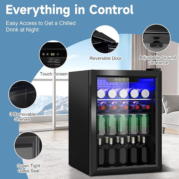 DOGHLY 95 Cans/2.6 Cu.Ft Beverage Refrigerator Glass Door Mini Fridge | Fast Cooling Mini Cooler with Adjustable Shelves for Soda, Beer, Wine, Low Noise Beverage Fridge for Home, Office,and Dorm - Image 2