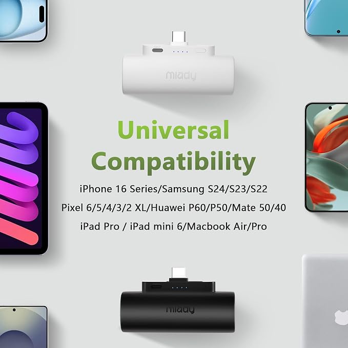 Miady 2-Pack 5000mAh Mini Portable Charger with Built-in Type C Connector, 5V 2.4A USB-C Output Fast Charging Small Power Bank Compatible with iPhone 17/16 Galaxy S24/S22 (Lake Green+Clove Purple) - Image 6