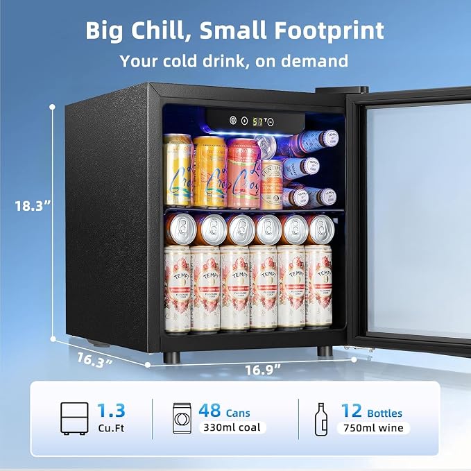 Antarctic Star 48 Can Mini Beverage Refrigerator, 1.3 Cu.Ft Compact Drink Cooler with Glass Door, Adjustable Temp 40-61°F, Quiet Freestanding Wine & Soda Cooler for Home Office Dorm, LED Lit - Image 2