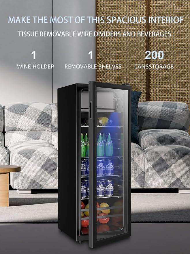 Beverage Refrigerator Cooler 180 Can Freestanding Beverage Cooler with Adjustable Shelving Glass Door for Beer Soda or Wine for Home Office or Bar - Image 7