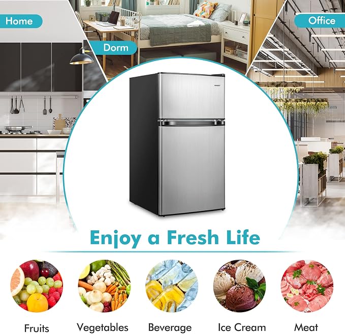 COSTWAY 3.2 Cu.Ft. Mini Fridge with Freezer, 2 Door for Office Bedroom Dorm | Compact Small Refrigerator with Reversible 2 Door, Adjustable Thermostat, Removable Glass Shelves for Food & Drink, Silver - Image 8