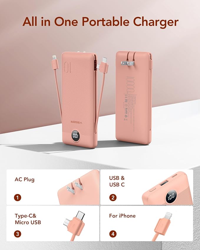 VEGER Portable Charger with Built-in AC Plug and Cables, All in One 10000mAh Ultra Slim Power Bank Travel Essentials, Fast Charging Battery Pack Compatible with iPhone, Samsung, More(Dark Pink) - Image 5