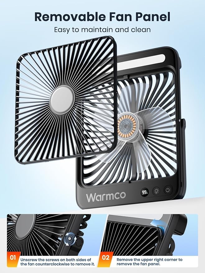 Warmco 20000mAh Battery Powered Fan, Ultra-Slim 8-Inch Portable Camping Fan with LED Lantern, Up to 48H Runtime Rechargeable Desk Fan for Bedroom, Outdoor, Tent, Travel, Cruise Ship Essentials - Image 8