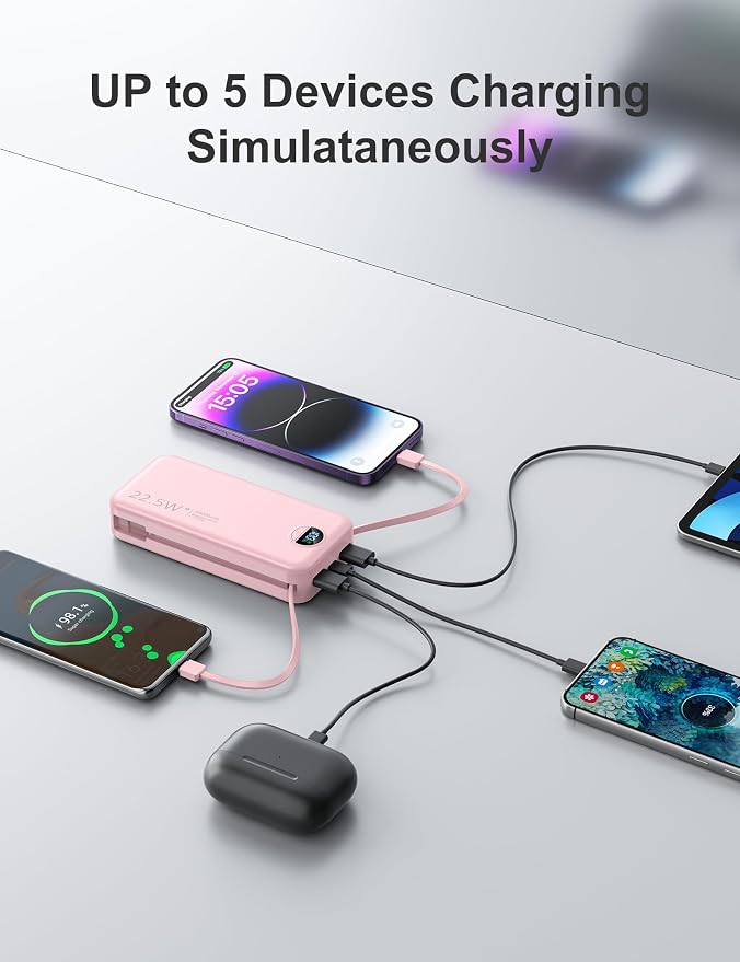 20000mAh Ultra-Portable-Charger-Power-Bank with Built in Cables&AC Wall Plug,PD20W USB-C Fast Charging Cell Phone Charger Battery Pack,LED Display Travel Battery Bank for All iPhone,Samsung,Android - Image 7