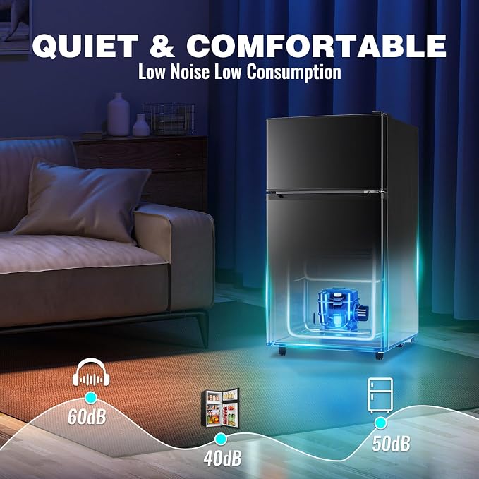 3.5 Cu.Ft Compact Refrigerator Black, Dual-Door MIni Fridge for Home | 2 Removable Glass Shelves, Large Capacity with 7 Settings, Low Consumption for Dorm Apartment - Image 7