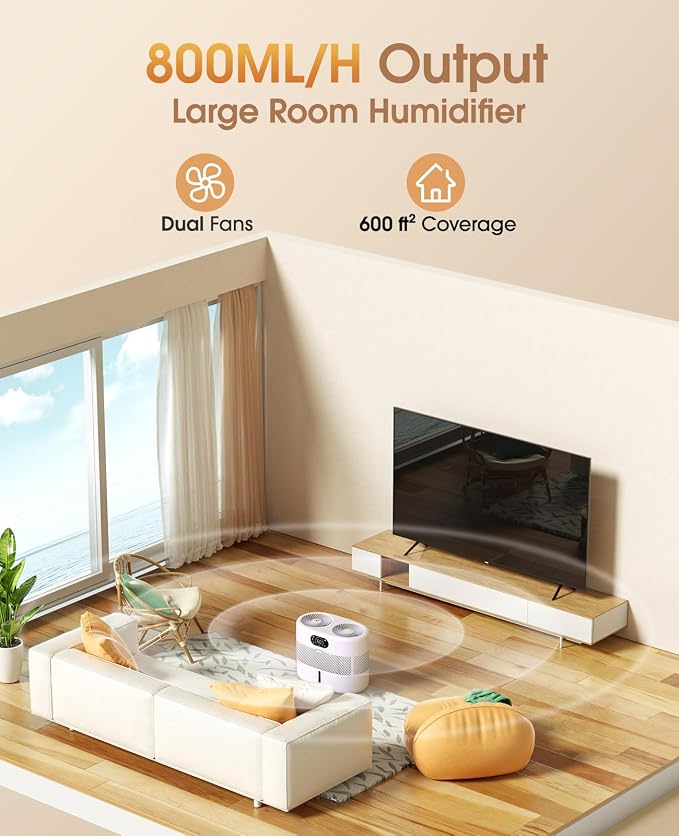 Reuseable Wick Evaporative Humidifier for Bedroom Quiet Healthy Baby Humidifier, No White Dust, Evaporative Humidifier Large Room 800ml/h 3 Speeds, 2 - Image 5