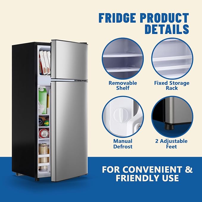 55L Capacity Silver Refrigerator with Freezer Double Door Mini Fridge Small Apartment Refrigerator with 7 Adjustable Temp Control - Image 8