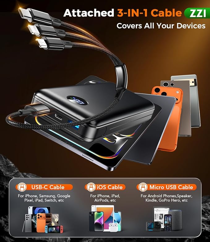 Portable Charger Power Bank, 60000mAh Battery Pack with 3 in 1 USB-C/iOS/Micro-USB Cable, 22.5W Fast Charging Portable Phone Charger, Travel Camping Essential Powerbank for iPhone 17/16 Samsung,Ebony - Image 3