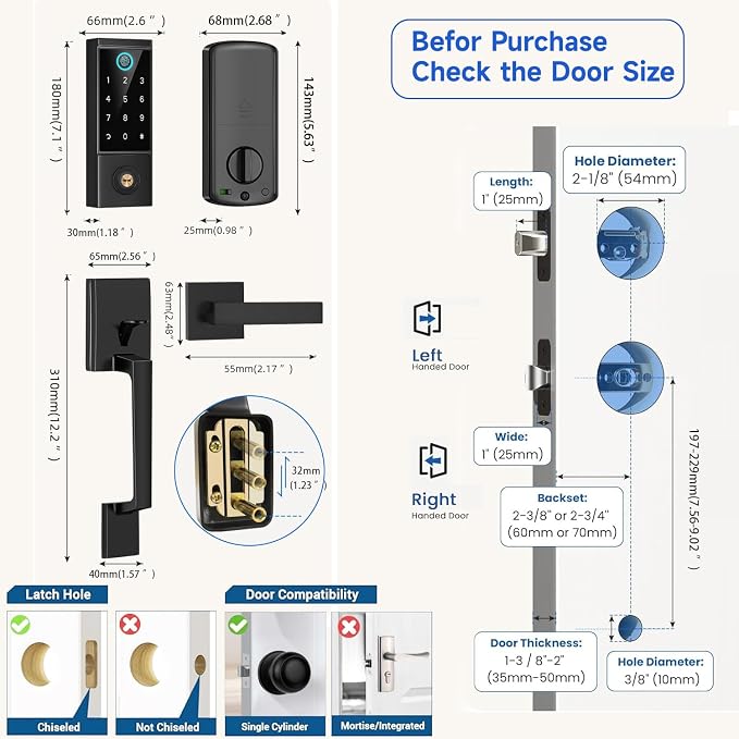 BEBASIA Smart Door Lock with Front Door Handle Set, Heavy Duty Fingerprint - Image 7