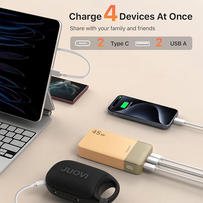 JUOVI J2621 Power Bank Portable Charger 20000mAh 45W, PD3.0 QC 4.0 Fast Charging Battery Pack with LED Display,2 USB-C,2 USB-A for iPhone 15 16, MacBook - Image 5