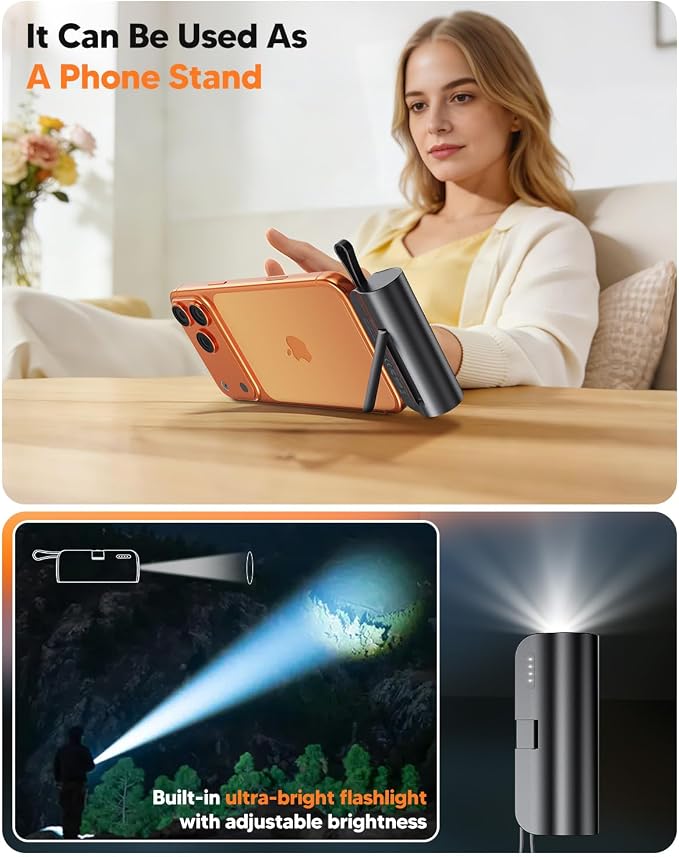 5000mAh Mini Portable Charger with Built-in Type C Connector & Cables,5V 2.4A USB-C Small Power Bank,2 Output Flashlight External Battery Pack Compatible with iPhone 17-12 Pro Galaxy,iPad (Black) - Image 6