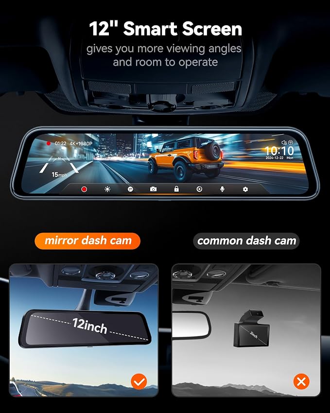 WOLFBOX G840S 12" 4K Mirror Dash Cam Backup Camera, 5.8GHz WiFi Smart Rearview - Image 10