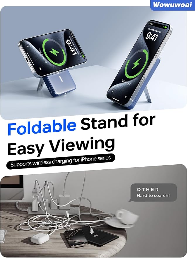 for Magsafe Portable Charger, 10000mAh Wireless Power Bank with Stand and PD 20W, USB C Fast Charging Powerbank, Magnetic Battery Pack Compatible with iPhone 17/16/15/14/13/12 Pro Max - Dark Blue - Image 6