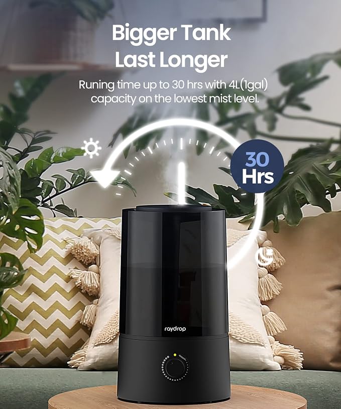 raydrop Humidifiers for Bedroom, Humidifiers for Home & Large Room, Cool Mist Humidfiers for Baby and Plant, Adjustable Mist Level, Auto Shut-Off, Black, 4.0L - Image 2
