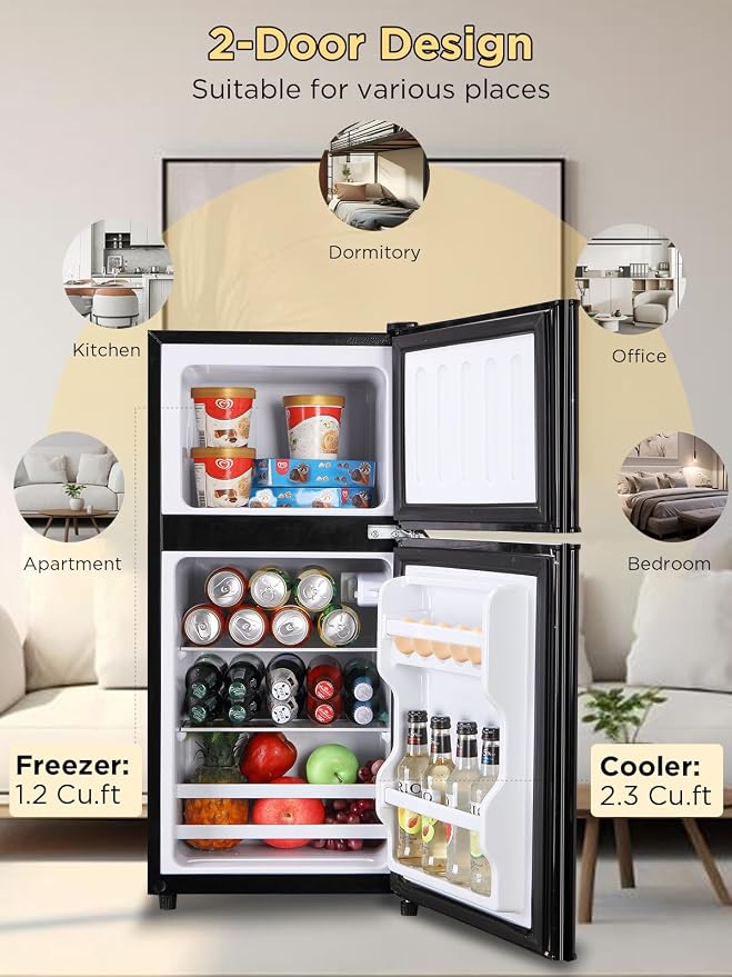F.W.WOOLWORTHS 3.5 Cu.Ft Refrigerator with Freezer | Compact Fridge with 2 Doors for Office, Kitchen, Dorm and Bedroom, 7 Level Temp Adjustable Thermostat, Black - Image 3
