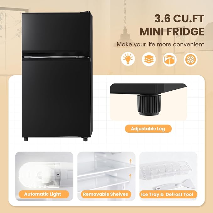 3.6 Cu.Ft Refrigerator with Freezer for Kitchen Office, Black | Double Door Small Fridge with Freezer, 7-Level Thermostat, Adjustable Shelves & Quiet Operation for Dorm and Bedroom - Image 3