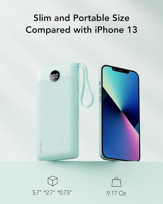 VRURC Portable Charger for iPhone, Compact Travel Power Bank 10000mAh, USB C Battery Pack 4 Outputs 3 Inputs, Slim Phone Charger with Cables for iPhone 17 16 15 14 13,Samsung Galaxy-Green(1 Pack) - Image 5