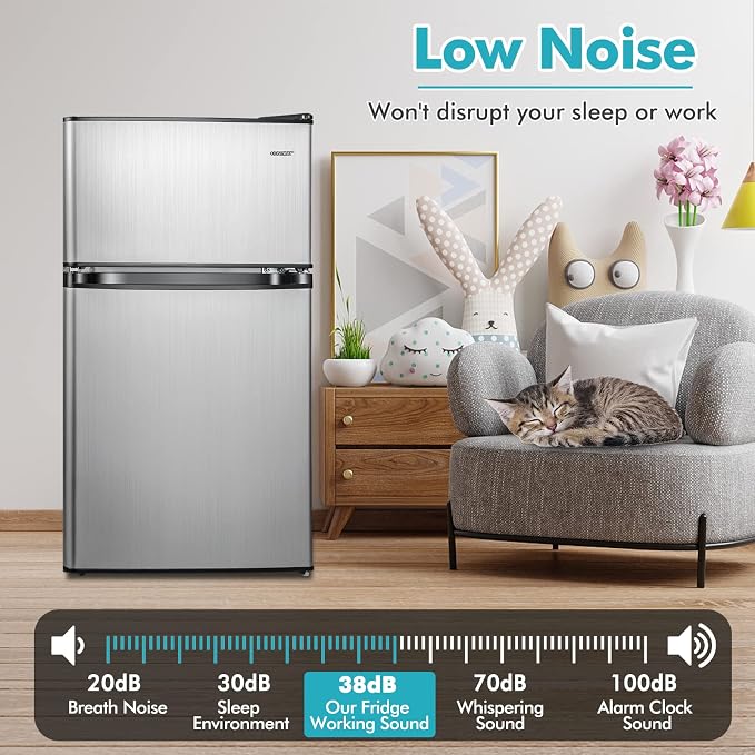 COSTWAY 3.2 Cu.Ft. Mini Fridge with Freezer, 2 Door for Office Bedroom Dorm | Compact Small Refrigerator with Reversible 2 Door, Adjustable Thermostat, Removable Glass Shelves for Food & Drink, Silver - Image 5