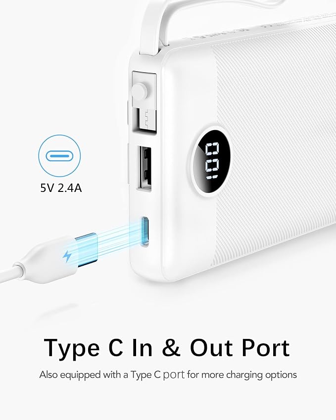VRURC Portable Charger Power Bank, USB C Battery Pack 10000mAh,5 Outputs 2 Inputs Pocket Travel Charging Bank Built-in Cables for iPhone 17 Pro 17 16 15 14 13,Samsung,Android-White(1 Pack) - Image 3