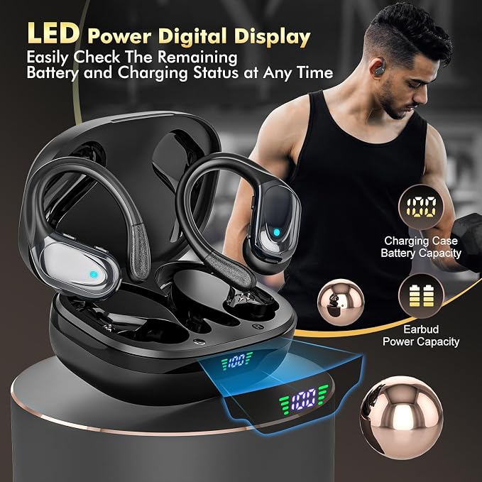 HAOYUYAN Wireless Earbuds, Sports Bluetooth Headphones, 80Hrs Playtime Ear Buds with LED Power Display, Noise Canceling Headset, IPX7 Waterproof Earphones for Workout/Running (Black) - Image 7