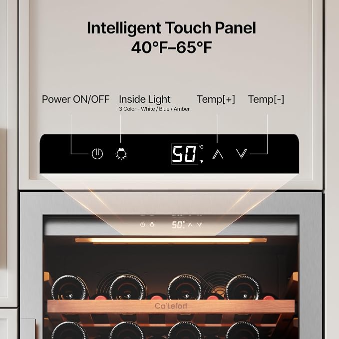 Ca'Lefort 24 Inch Wine Fridge, 90 Bottle Built-In Wine Cooler | 55-Inch Tall Wine Cellar, Quiet Inverter Compressor, Precise 40-65°F Temperature Control, Glide-Out Shelves & Storage Drawer - Image 3