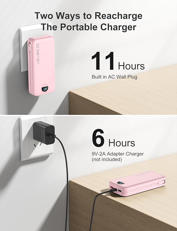20000mAh Ultra-Portable-Charger-Power-Bank with Built in Cables&AC Wall Plug,PD20W USB-C Fast Charging Cell Phone Charger Battery Pack,LED Display Travel Battery Bank for All iPhone,Samsung,Android - Image 5