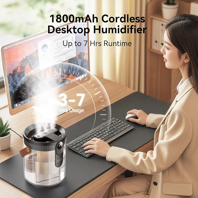 Rechargeable Portable Top Fill Humidifier, Smart Humidifiers for Bedroom, Night Light, 1.4L Cool Mist Humidifier for Office Home Plant Baby, 3-Speed Mist Control, Quiet, Auto Shut-Off (Grey) - Image 3
