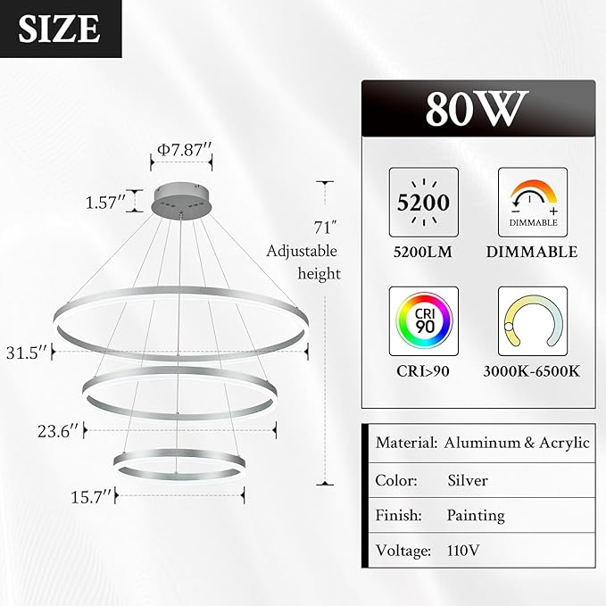 3-Rings Modern LED Chandelier Silver, Dimmable Pendant Lighting - Image 3