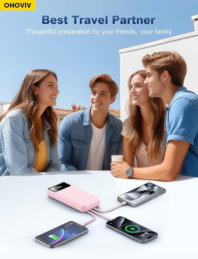 OHOVIV Portable Charger Power Bank 50000mAh Battery Pack, 22.5W Fast Charging PowerBank with Built in Cables,Travel Essential USB-C Portable Phone Charger for iPhone Samsung Pixel Android iPad-Pink - Image 4